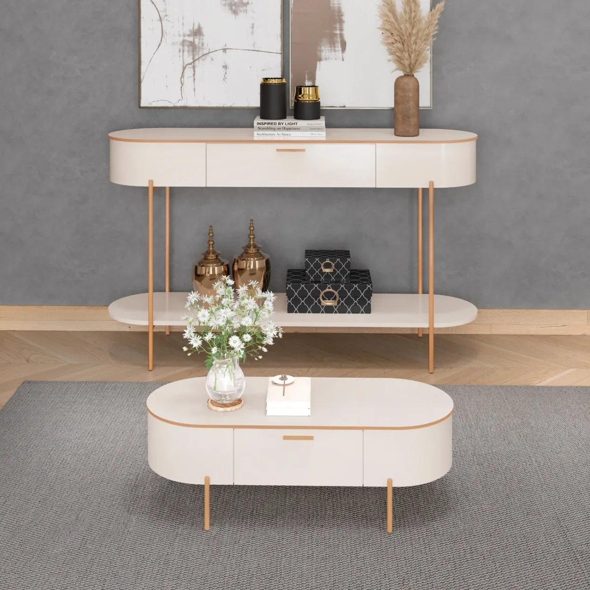 Mesa de centro Celena Off White con patas doradas en una sala decorada