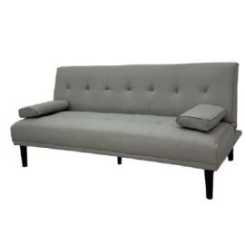 Sofá cama cuero sintético gris, patas café oscuro