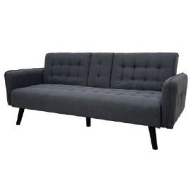 Sofá cama tela lino gris, patas café oscuro