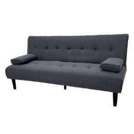 Sofá cama tela lino gris, patas café oscuro (modelo 2)