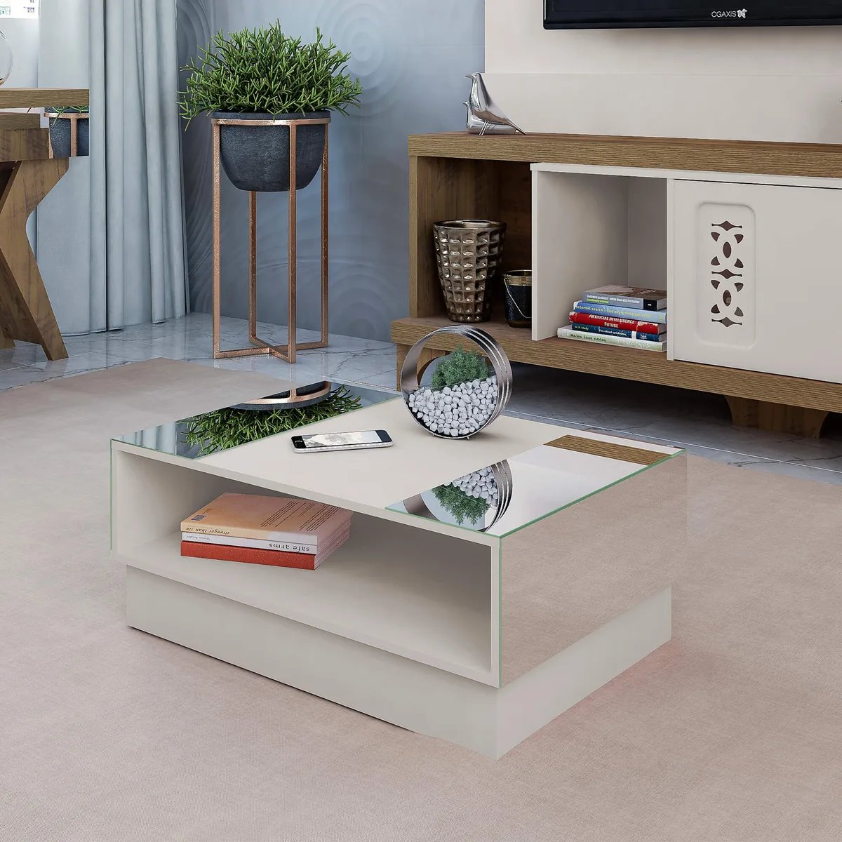 Mesa de centro Detroit Off White con detalles en espejo en una sala