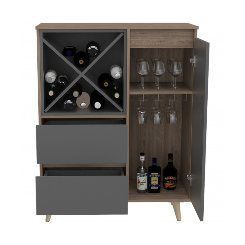 Mueble bar con portabotellas y portacopas miel y gris