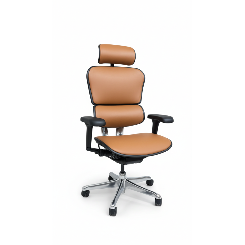 Silla ergonómica de cuero con cabecera y base de aluminio