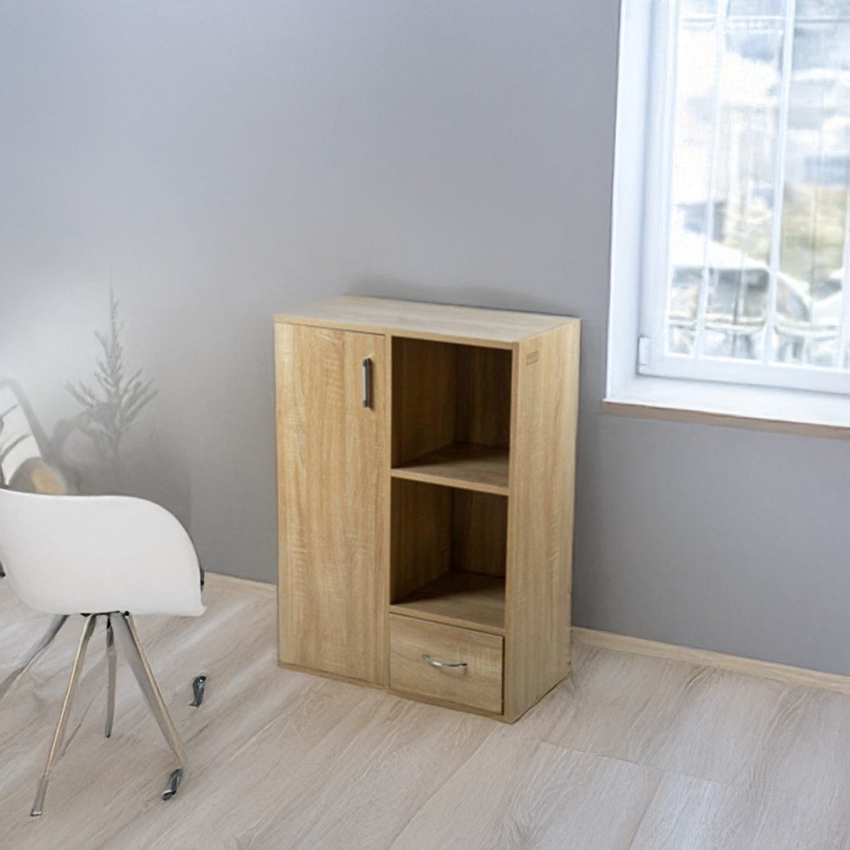 Librero con Puerta y Gaveta Elia Roble 60x80x30 cm ambientado