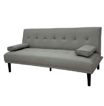 Sofá cama cuero sintético gris, patas café oscuro