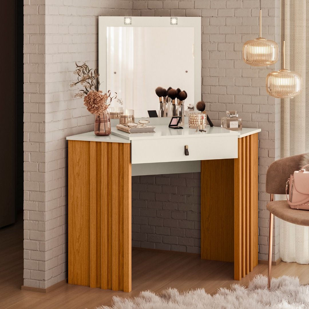 Tocador Esquinero Glitter Cinamomo Mate Off White – foto ambientada